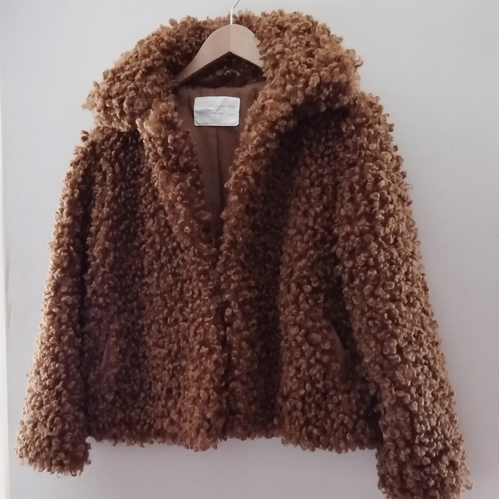 ZARA | Faux Fur Curly Sherpa Brown Lapel Jacket | Women's Small - Picture 10 of 15